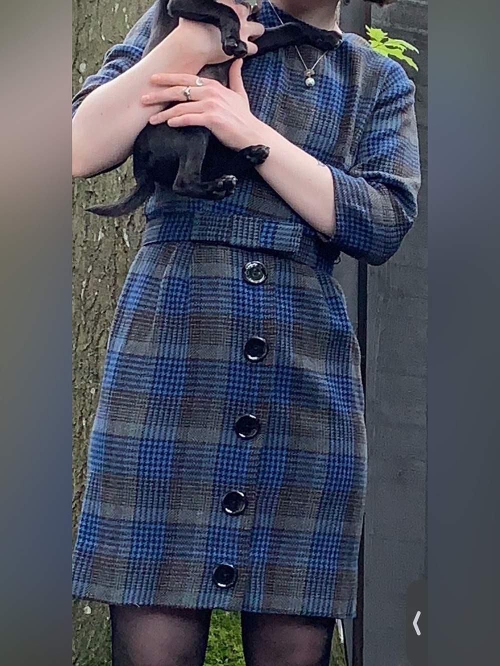 Vintage 1960s Wool Dress Bow Belt Blue Gray Plaid Buttons, A-Line Retro Handmade